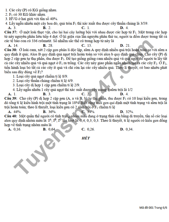 De thi thu tot nghiep THPT 2022 mon Sinh THPT Tran Quoc Tuan