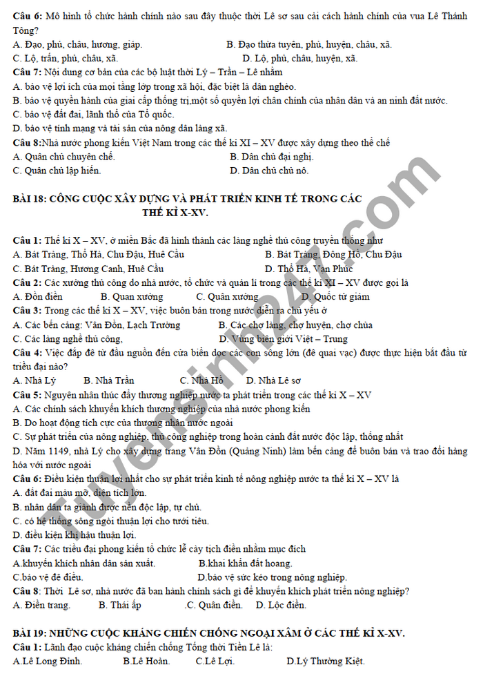 De cuong on tap giua ki 2 lop 10 mon Su THPT Phu Bai 2022