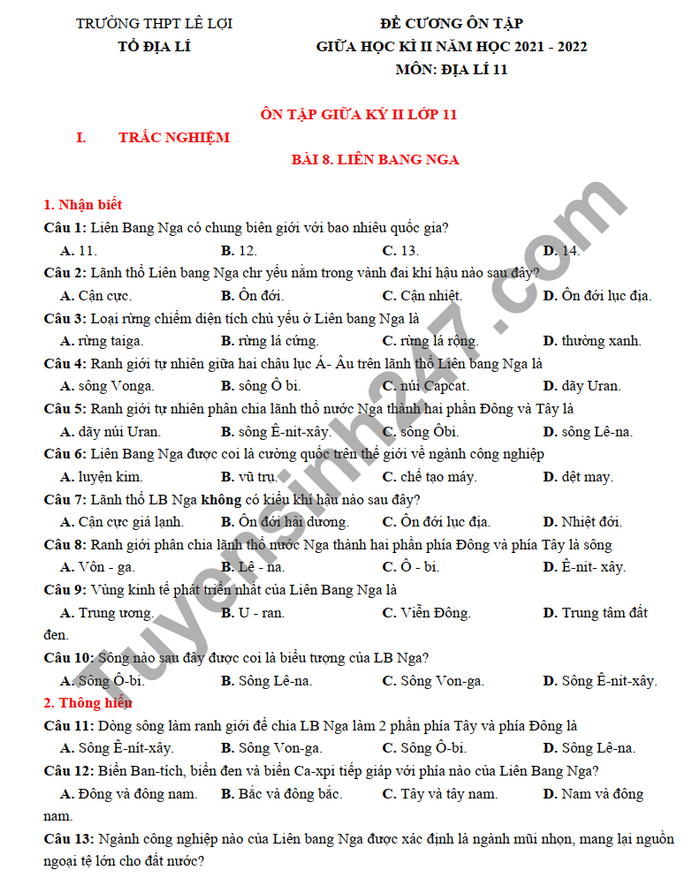 De cuong on tap giua ki 2 mon Dia lop 11 THPT Le Loi 2022