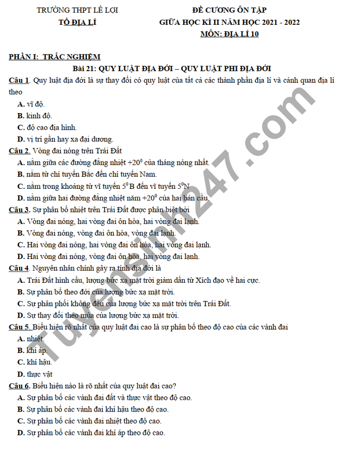 De cuong on tap giua ki 2 mon Dia lop 10 THPT Le Loi 2022
