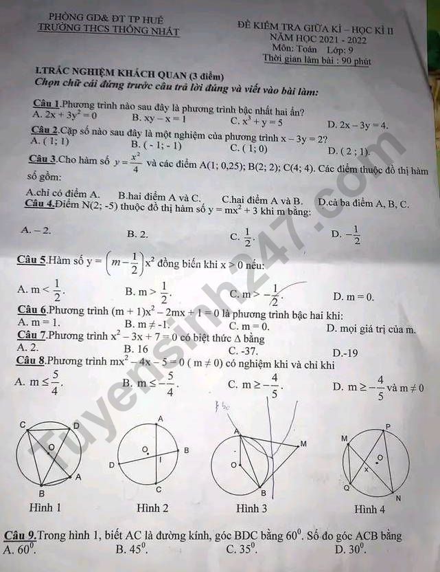 De thi giua ki 2 mon Toan lop 9 - THCS Thong Nhat 2022