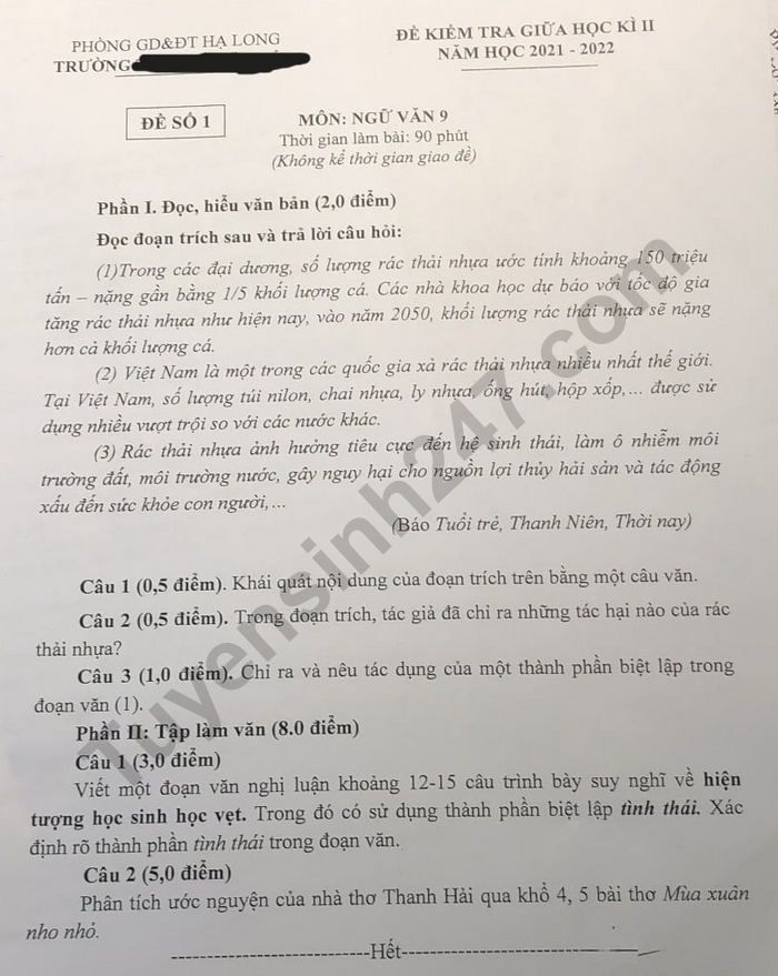 De giua ki 2 mon Van lop 9 nam 2022 - Ha Long