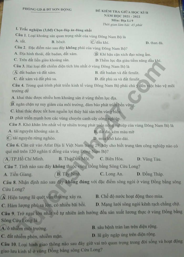 De giua ki 2 mon Dia lop 9 phong Gd Son Dong nam 2022
