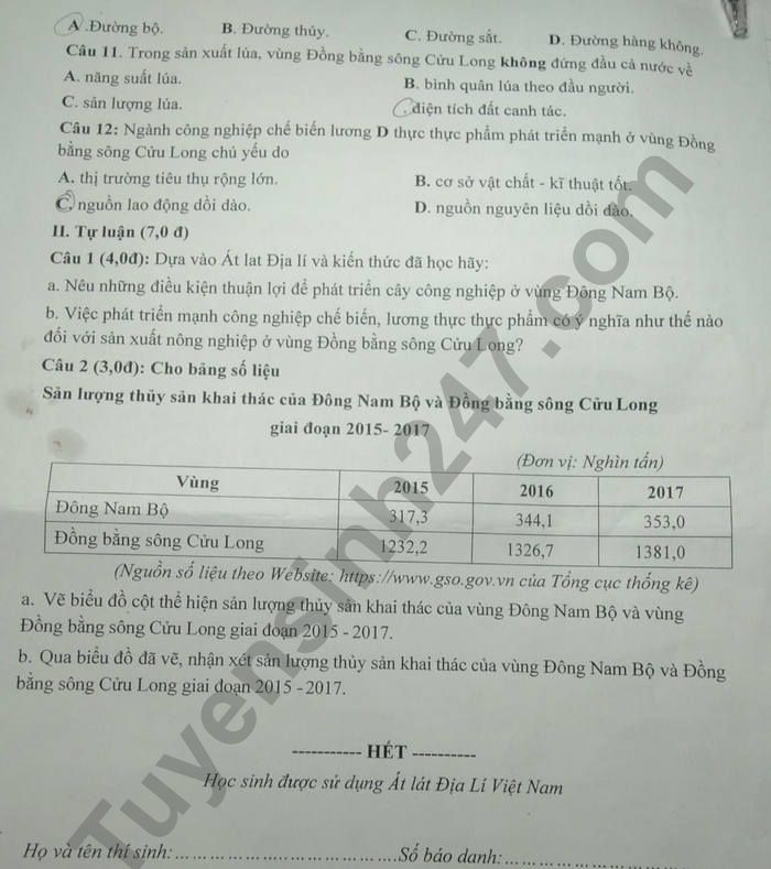 De giua ki 2 mon Dia lop 9 phong Gd Son Dong nam 2022