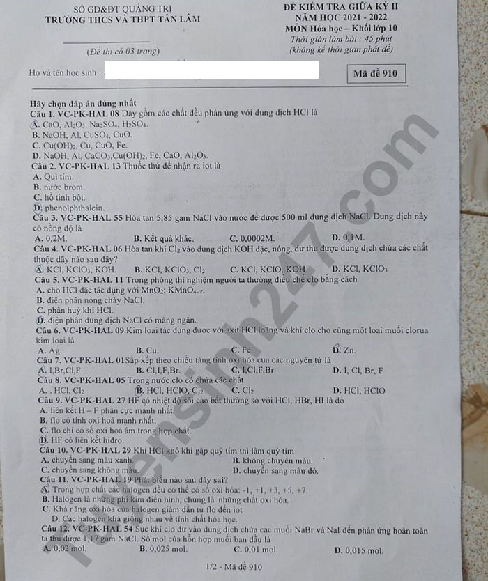 De giua ki 2 mon Hoa lop 10 THCS - THPT Tan Lam 2022