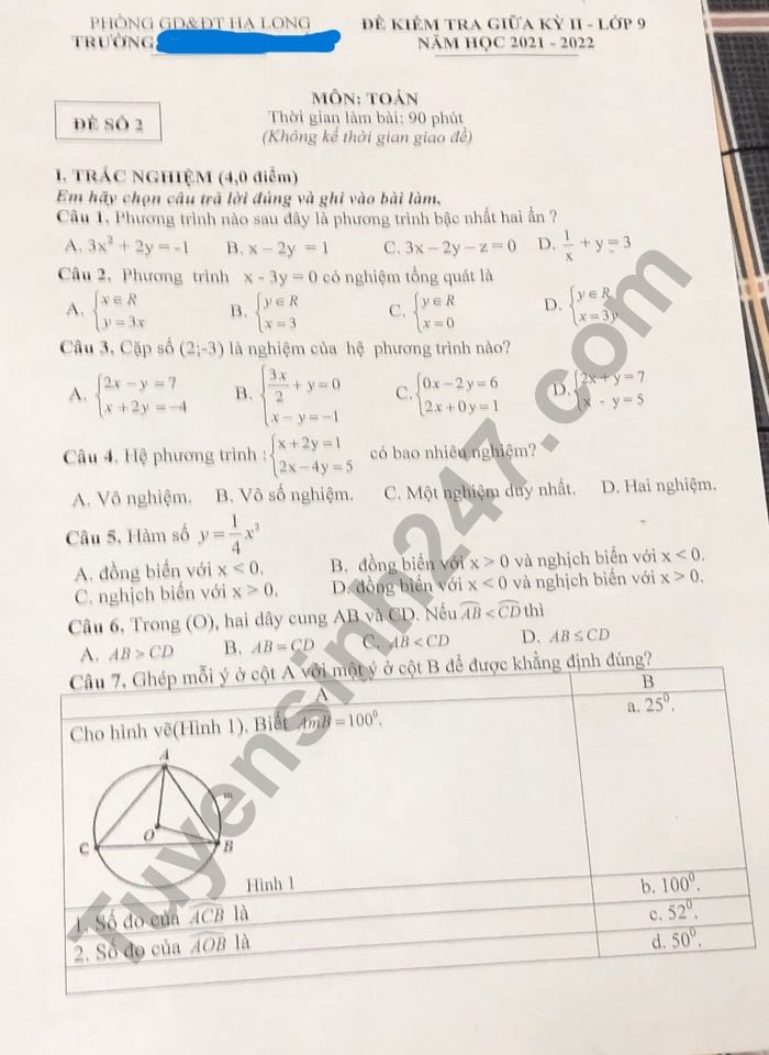 De giua ki 2 lop 9 nam 2022 mon Toan - Ha Long