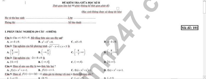 De thi giua ki 2 lop 10  - THPT Tan Lam 2022 mon Toan