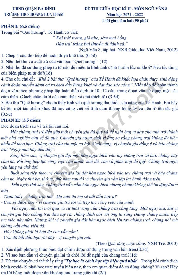 De thi giua ki 2 lop 8 mon Van 2022 - THCS Hoang Hoa Tham