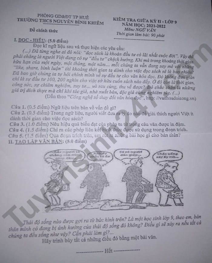 De thi giua ki 2 lop 9 mon Van THCS Nguyen Binh Khiem 2022