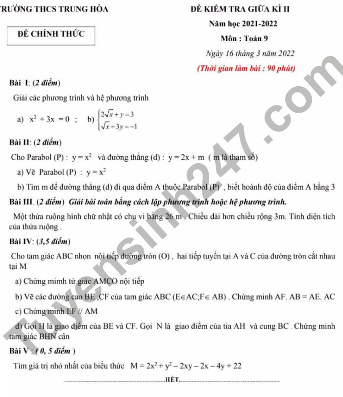 De thi giua ki 2 THCS Trung Hoa 2022 mon Toan lop 9