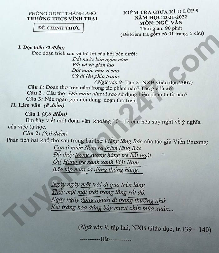 De thi giua ki 2 lop 9 mon Van THCS Vinh Trai 2022