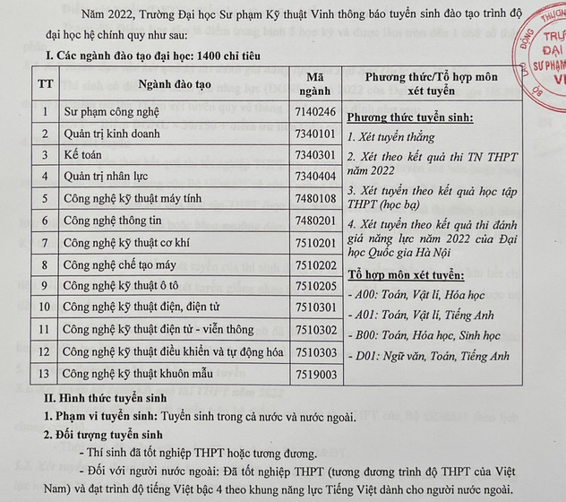 Phuong an tuyen sinh Dai hoc Su pham Ky thuat Vinh 2022