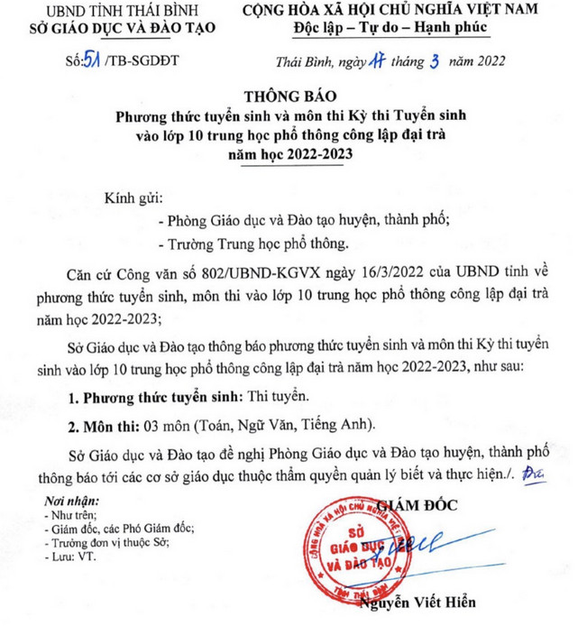 Thai Binh cong bo phuong an tuyen sinh vao lop 10 nam 2022