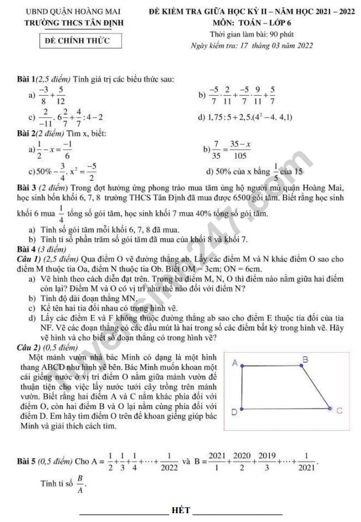 De thi giua ki 2 lop 6 mon Toan - THCS Tan Dinh 2022