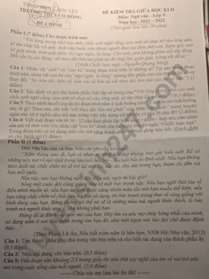 De thi giua ki 2 mon Van 2022 lop 9 - THCS Co Dong
