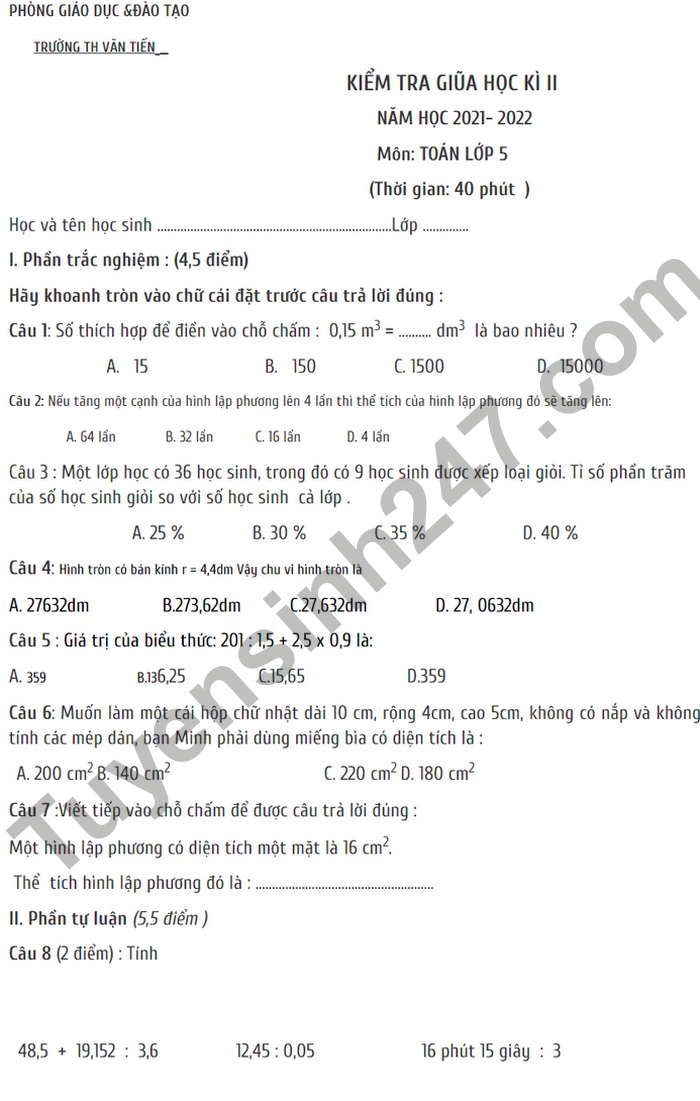 De thi giua ki 2 mon Toan lop 5 2022 TH Van Tien