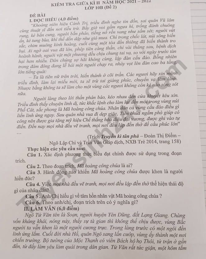 De thi giua ki 2 lop 10 mon Van - Cao Bang 2022