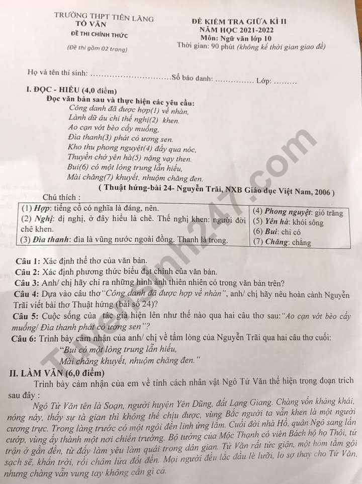 De thi giua ki 2 mon Van lop 10 nam 2022 - THPT Tien Lang