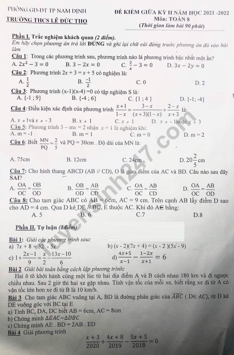 De thi giua HK 2 lop 8 nam 2022 mon Toan - THCS Le Duc Tho