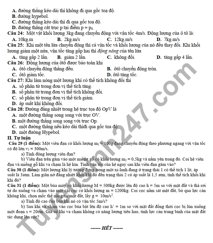 De thi giua ki 2 THPT Huong Hoa 2022 lop 10 mon Li
