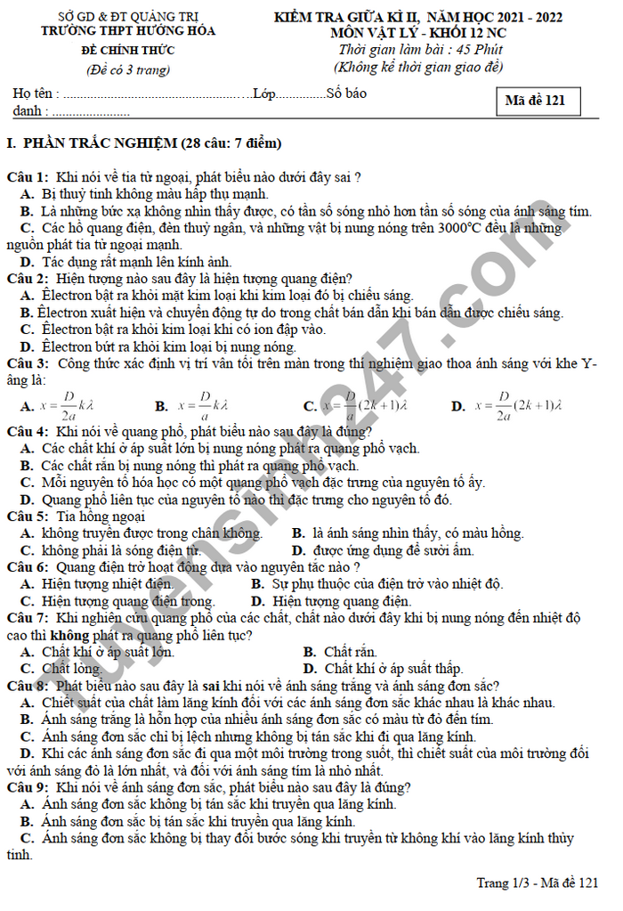 De thi giua ki 2 THPT Huong Hoa mon Li 2022 lop 12