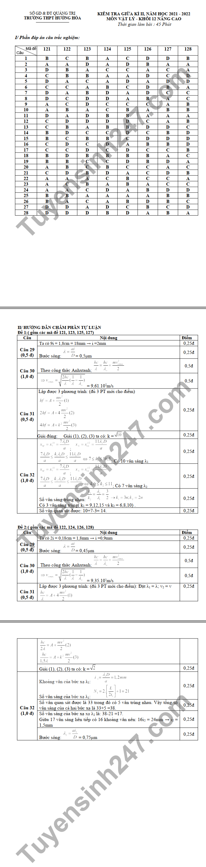 De thi giua ki 2 THPT Huong Hoa mon Li 2022 lop 12