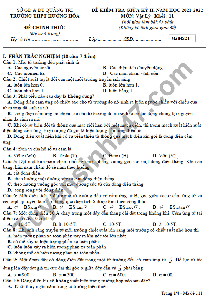 De thi giua ki 2 2022 mon Li lop 11 THPT Huong Hoa