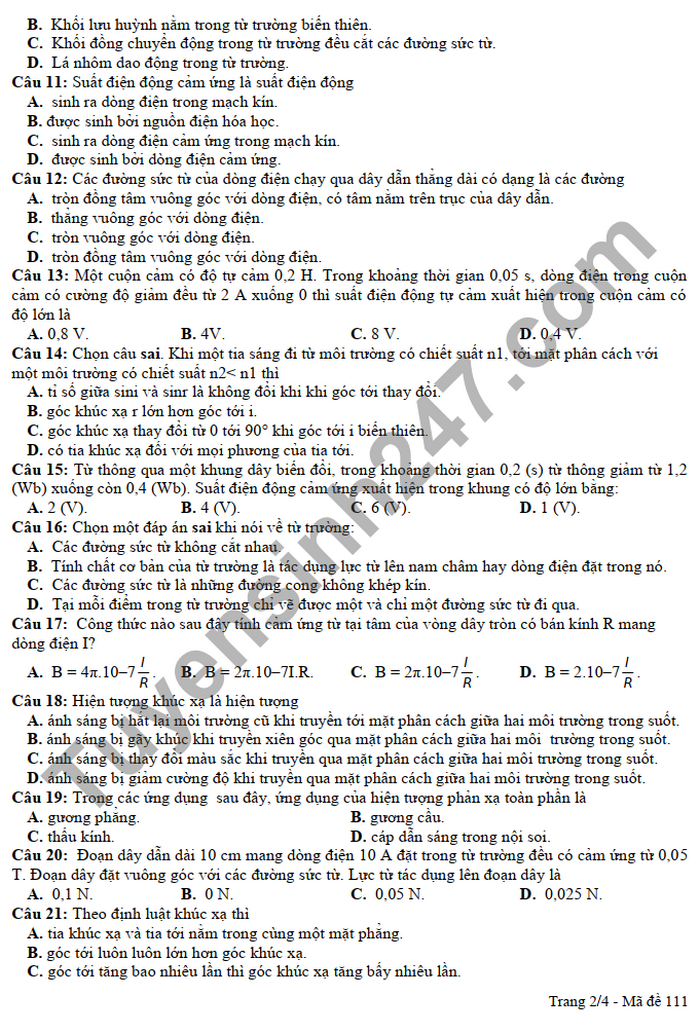 De thi giua ki 2 2022 mon Li lop 11 THPT Huong Hoa