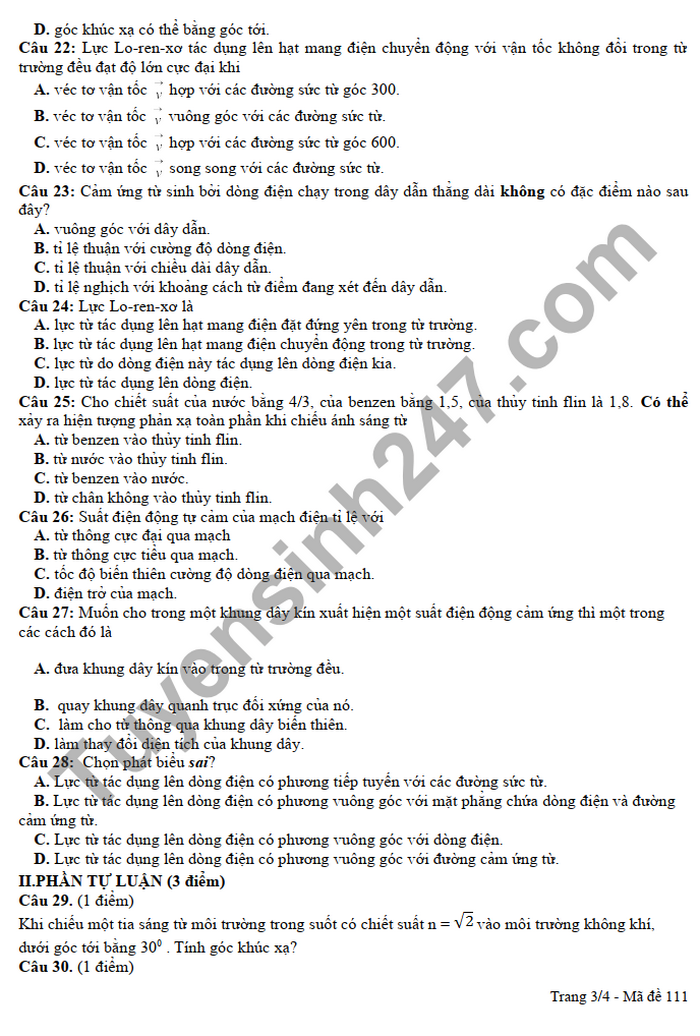 De thi giua ki 2 2022 mon Li lop 11 THPT Huong Hoa