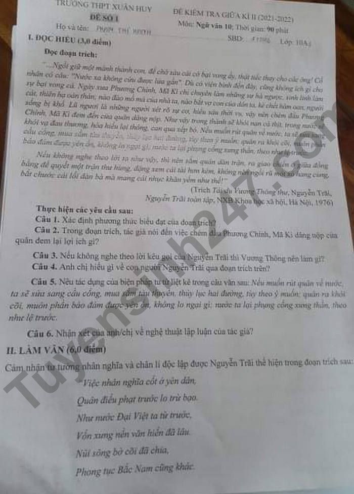 De thi giua ki 2 mon Van lop 10 THPT Xuan Huy 2022