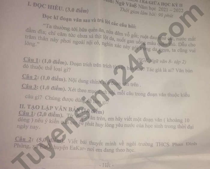 De thi giua ki 2 mon Van lop 8 nam 2022
