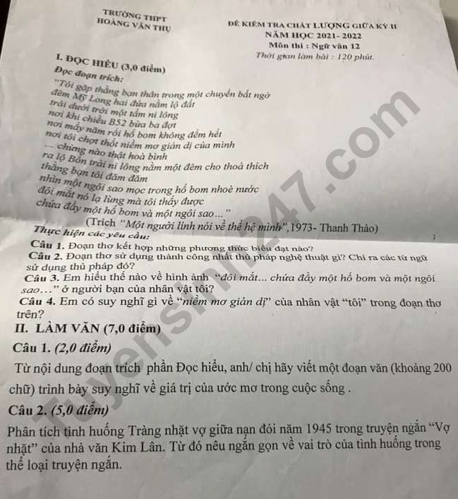 De kiem tra giua ki 2 lop 12 - THPT Hoang Van Thu 2022