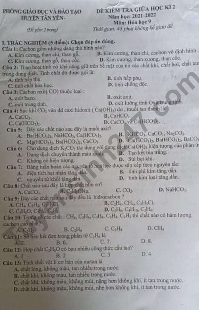 De thi giua ki 2 mon Hoa lop 9 Huyen Tan Yen 2022