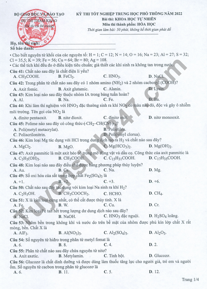 Huong dan giai de minh hoa mon Hoa tot nghiep THPT 2022