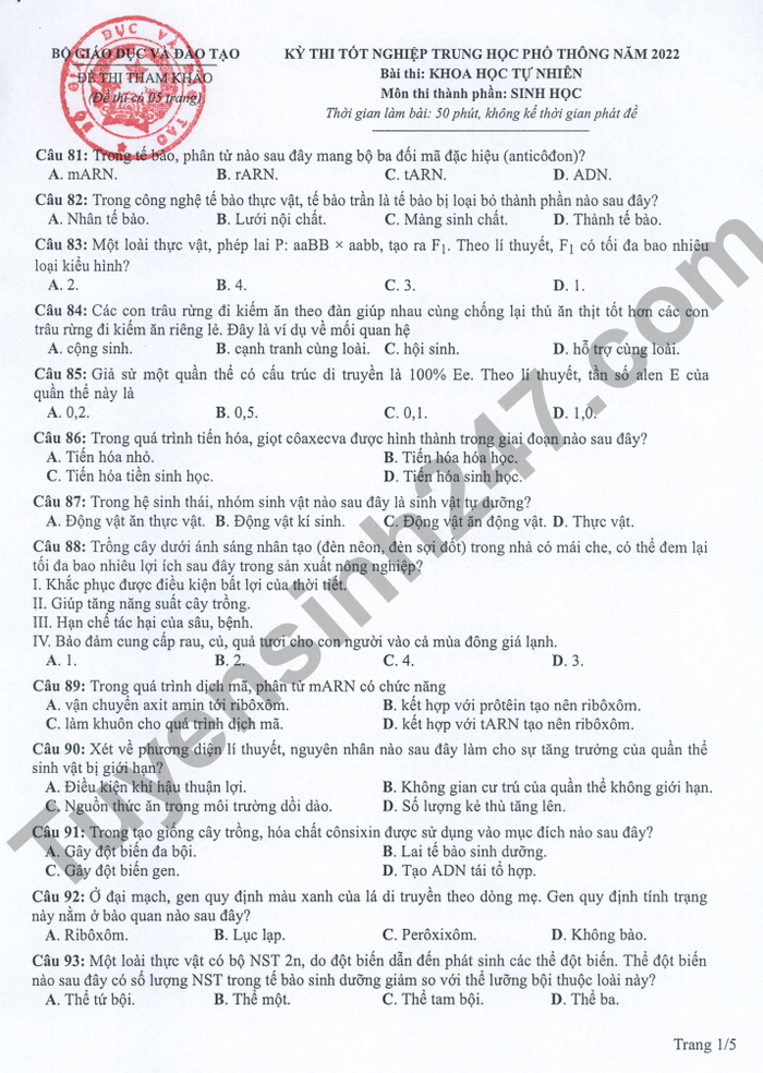 Huong dan giai de minh hoa mon tot nghiep THPT 2022 mon Sinh