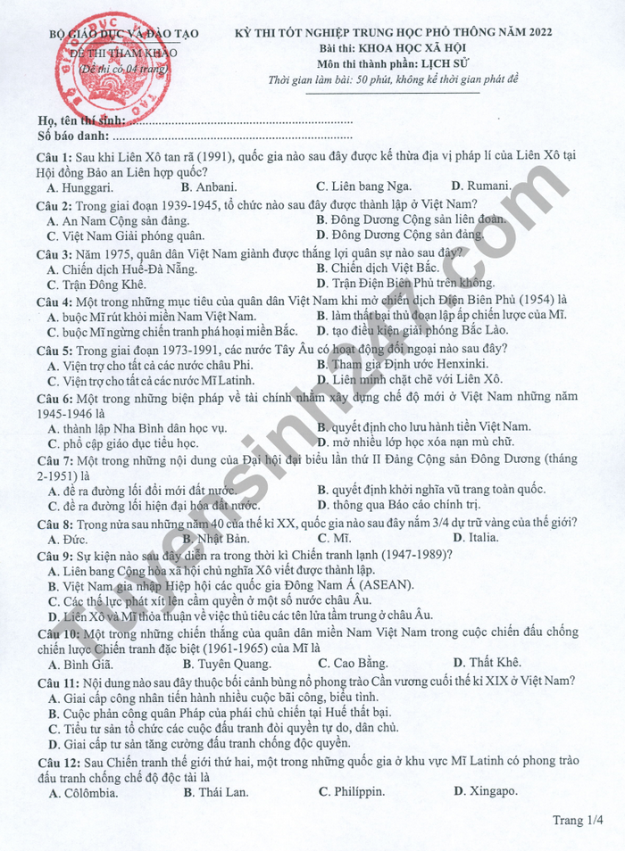 Huong dan giai de thi minh hoa tot nghiep THPT mon Su 2022