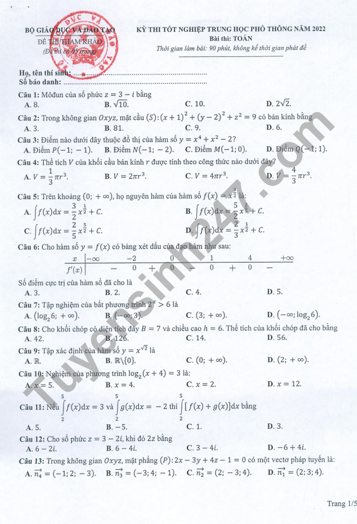 Huong dan giai de minh hoa mon Toan tot nghiep THPT 2022