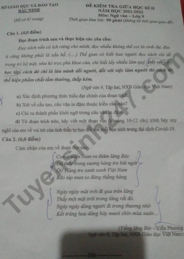 De thi giua ki 2 mon Van lop 9 So GD Bac Ninh 2022