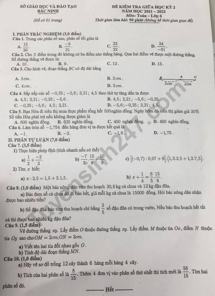 De thi giua ki 2 lop 6 mon Toan - So GD Bac Ninh 2022