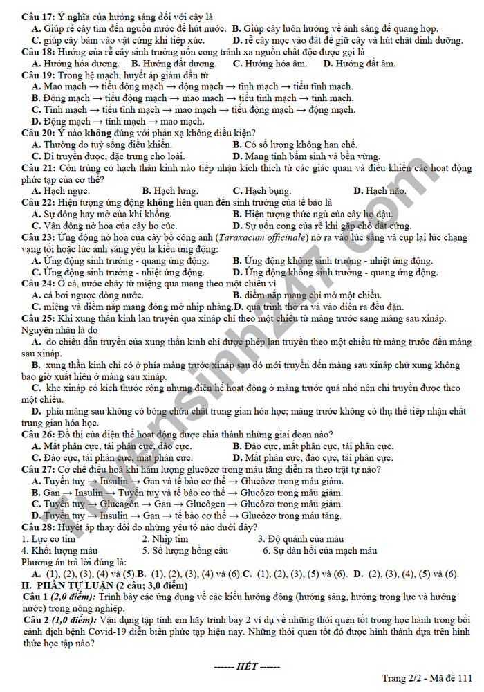 De thi giua ki 2 mon Sinh THPT Huong Hoa lop 11 2022