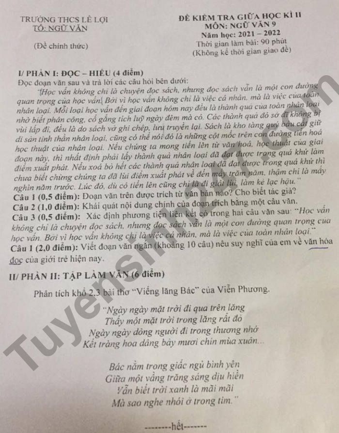 De thi giua ki 2 THCS Le Loi mon Van lop 9 2022