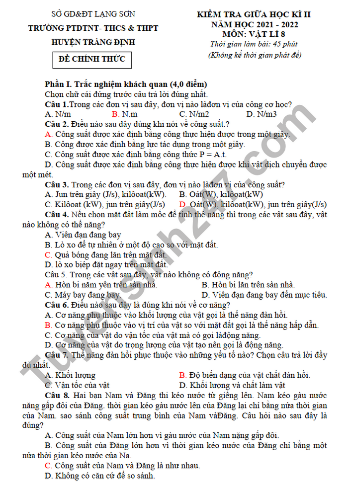 De thi giua ki mon Li lop 8 PTDTNT - THCS&THPT Huyen Trang Dinh 2022
