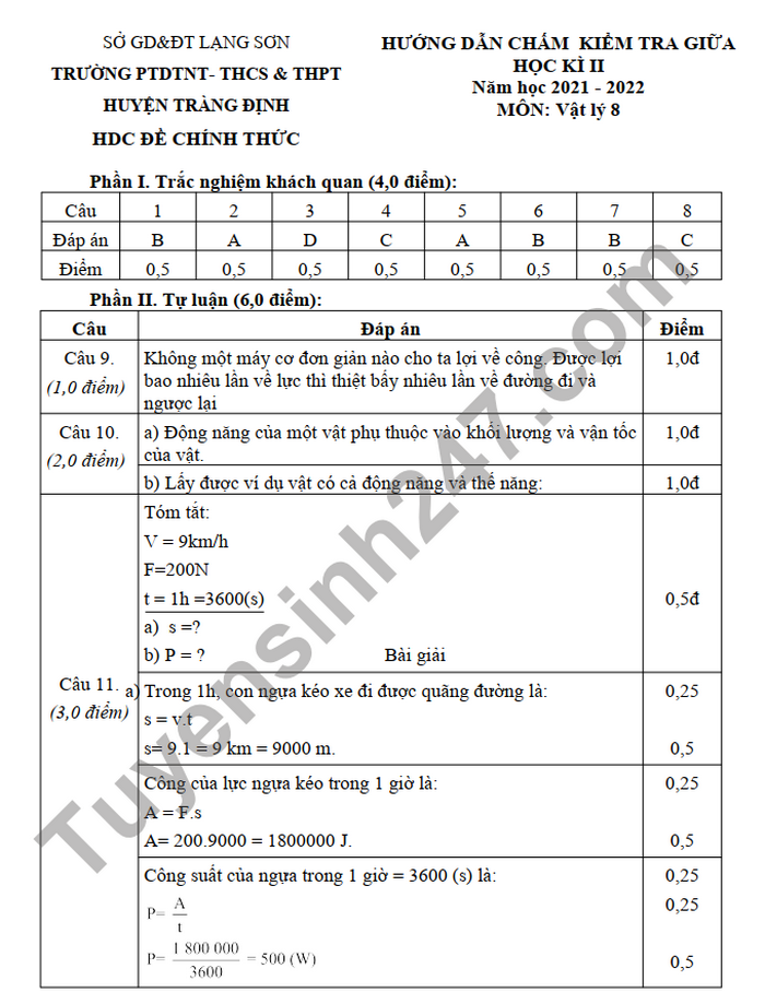 De thi giua ki mon Li lop 8 PTDTNT - THCS&THPT Huyen Trang Dinh 2022