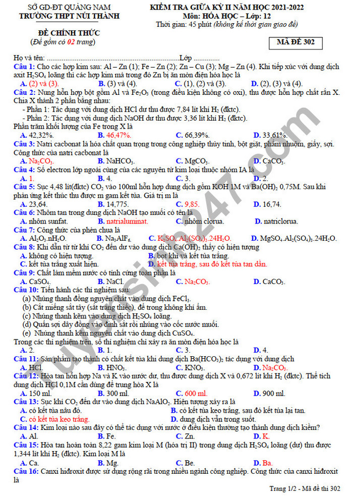 De thi giua ki 2 mon Hoa lop 12 THPT Nui Thanh 2022
