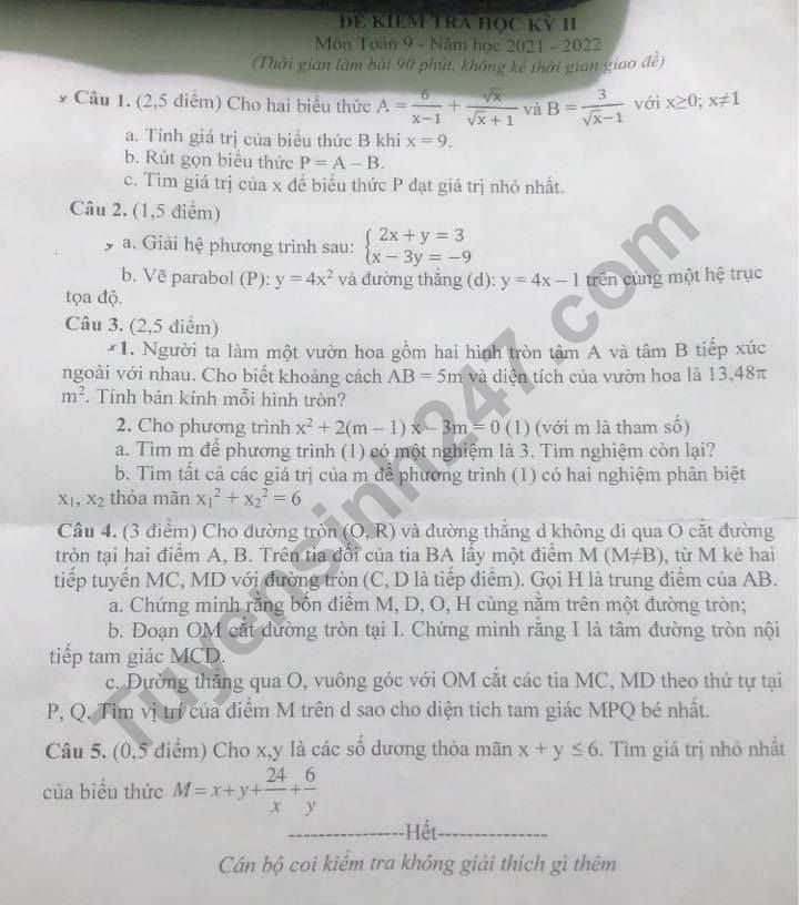 De thi ki 2 lop 9 mon Toan 2022 - Phong GD Hoai Duc