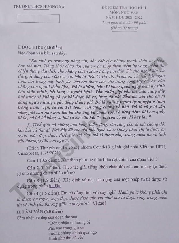 De thi ki 2 mon Van lop 9 nam 2022 - THCS Huong Xa