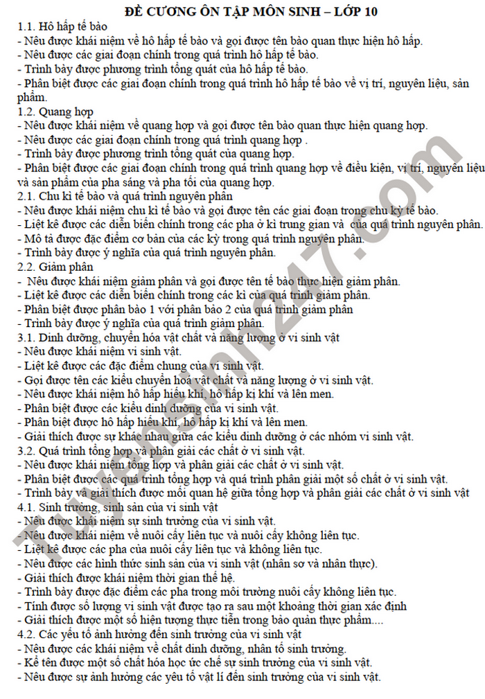 De cuong on thi hoc ki 2 mon Sinh lop 10 - THPT Le Loi 2022