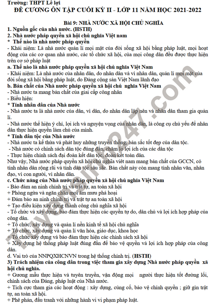 De cuong on thi hoc ki 2 THPT Le Loi mon GDCD 11 nam 2022