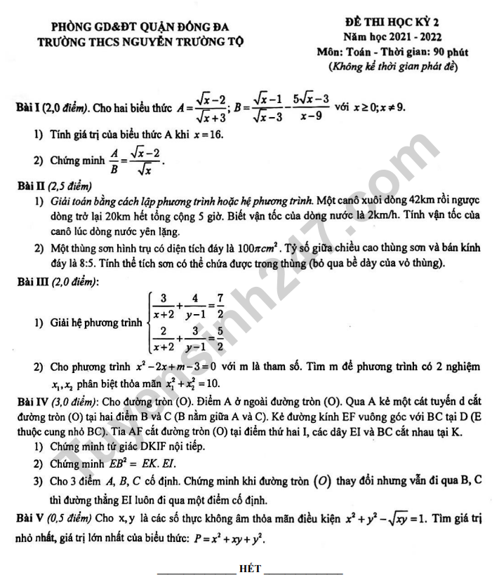 De thi ki 2 mon Toan lop 9 nam 2022 - THCS Nguyen Truong To