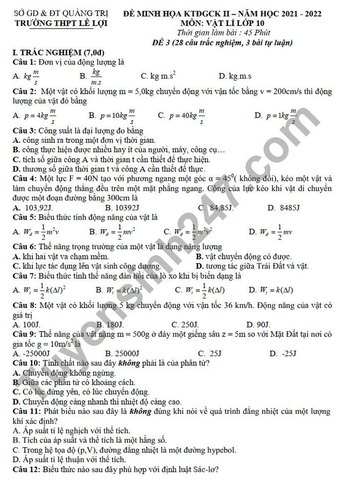 De thi ki 2 lop 10 mon Li THPT Le Loi (Minh hoa) 2022